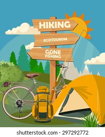 Hiking and camping. Summer landscapes. Vector illustration. Flat design. 
