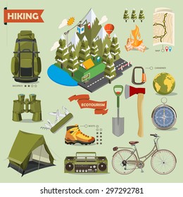 Hiking and camping. Summer landscapes. Vector illustration. Flat and isometric design. Isometry