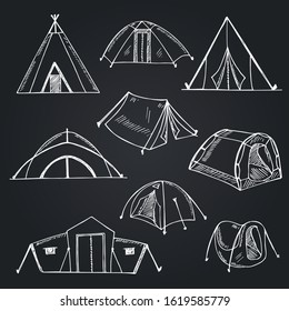 Hiking and camping tent set. Vector illustration. Isolated elements on chalkboard background. Symbol collection.