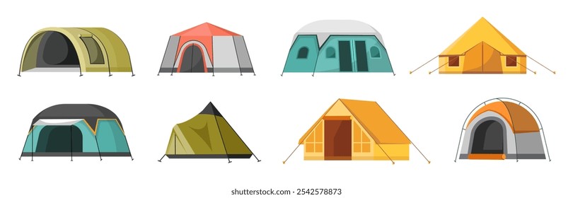 Hiking and camping tent vector icons. Dome flat design tents