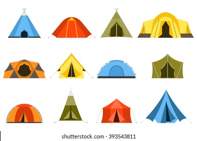Hiking and camping tent vector icons. Triangle and dome flat design tents collection in green, blue, yellow and orange colors. Tourist camp tents set isolated on white background. 
