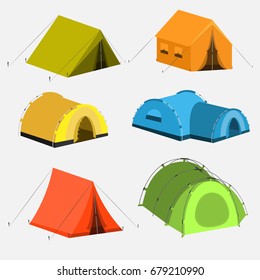 Hiking and camping tent vector icons 3d isometric. Triangle and dome flat design tents collection in green, blue, yellow and orange colors. Tourist camp tents set isolated on white background.