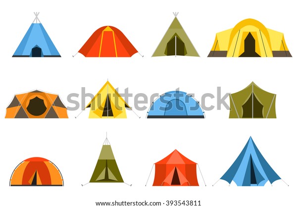 Hiking and\
camping tent vector icons. Triangle and dome flat design tents\
collection in green, blue, yellow and orange colors. Tourist camp\
tents set isolated on white background.\
