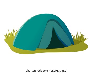 Hiking camping tent.Vector flat illustration.Isolated on white background.Green grass.