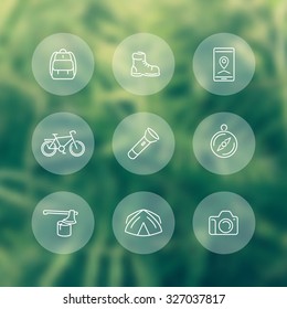 Hiking, Camping, Travel, Adventure linear round white icons, vector illustration