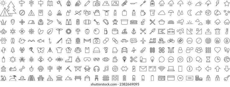 Wandercamping und Reiseplaner Vektorsymbol Set Megapack Transparenter Hintergrund PNG bearbeitbarer Strich EPS