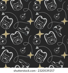 Senderismo, camping y viaje sin problemas. Mochila, brújula y zapatillas sobre fondo oscuro. Borde blanco sobre negro. Papel de escritorio, papel digital, tela, fondo.
