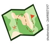 Hiking and camping treasure map vector icon with trail, red X, and location flag — flat illustration of folded outdoor map used for navigation, featuring a winding dotted trail, green terrain.