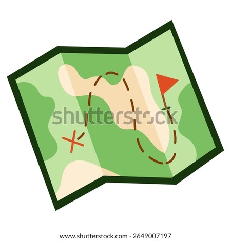 Hiking and camping treasure map vector icon with trail, red X, and location flag — flat illustration of folded outdoor map used for navigation, featuring a winding dotted trail, green terrain.