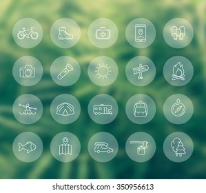 Hiking, camping, trekking, adventure line icons, transparent set, vector illustration