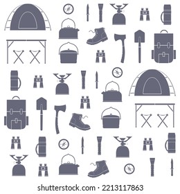 Hiking, Camping, Trekking, equipment seamless pattern. Travel, Tourist, outdoor, camp accessories. Outdoor activity.Backpack, tent, compass, flashlight, hiking boots. Isolated flat vector illustration