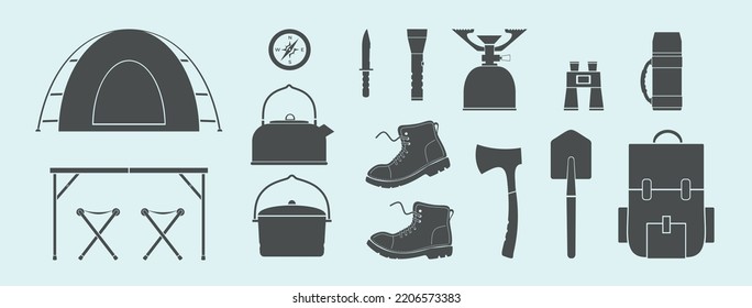 Hiking, Camping, Trekking, equipment SVG set. Travel, Tourist, outdoor, camp accessories. Outdoor activity. Backpack, bowler hat, compass, flashlight, hiking boots. Isolated flat vector illustration