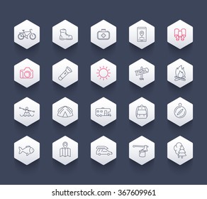 Hiking, camping, trekking, trip thin line icons, hexagon set, vector illustration