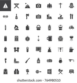 Hiking and Camping universal vector icons set, modern solid symbol collection, filled style pictogram pack. Signs, logo illustration. Set includes icons as tent, camp chair, campfire, sleeping bag