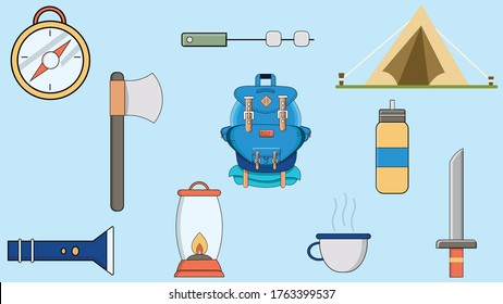 Hiking and camping vector icon set, Signs and logo illustration, Set includes icons as tent, knife, backpack, torch, compass, Set of camping equipment symbols and icons.