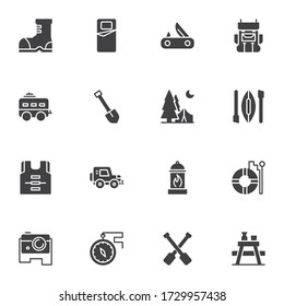 Hiking and camping vector icons set, vacation trip modern solid symbol collection, filled style pictogram pack. Signs, logo illustration. Set includes icons as boot, knife, backpack, trailer, compass