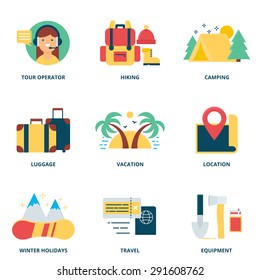 Hiking and camping vector icons set modern flat style