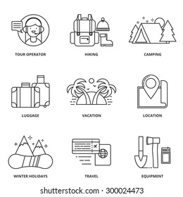 Hiking and camping vector icons set modern line style