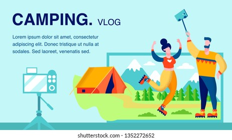 Hiking, Camping Vlog Flat Banner Vector Template. Wife and Husband Cartoon Characters. Married Streamers Bloggers Couple. Summer Adventure Online Channel. Tourism, Travel Illustration with Text Space