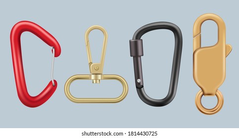 Hiking carabiner. Metal hook keys lock hardware vector realistic templates