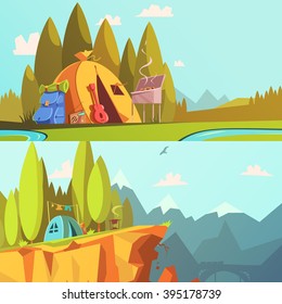 Hiking cartoon horizontal banners set with barbecue guitar and tent isolated vector illustration 