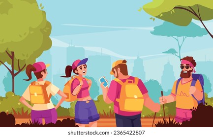 Hiking cartoon vector illustration of touristic group with backpacks on shoulders choosing route on map in smartphone