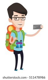 Hiking caucasian tourist taking selfie. Tourist with backpack and binoculars taking selfie with cellphone. Happy tourist taking selfie. Vector flat design illustration isolated on white background.