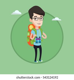Hiking caucasian traveler standing with backpack and binoculars. Traveler man enjoying recreation time. Happy traveler during trip. Vector flat design illustration in the circle isolated on background