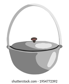 Hiking cauldron, outdoor adventure, camping equipment, tool. Hand drawn vector doodle illustration. Colorful cartoon clipart isolated on white. Single element for design, print, decor, card, sticker.