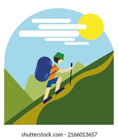 Hiking climbing cliff man hiker or backpacker vector outdoor activity mountain rock walking backpack or rucksack wild nature sport