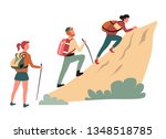 Hiking climbing cliff man and women hikers or backpackers vector outdoor activity mountain rock walking backpack or rucksack wild nature sport family expedition and exploration active lifestyle