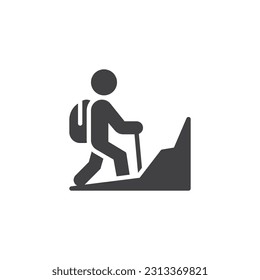 Hiking, climbing vector icon. filled flat sign for mobile concept and web design. Hiking man glyph icon. Symbol, logo illustration. Vector graphics