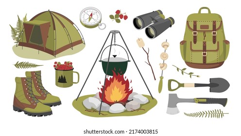 Hiking cliparts set - tent, backpack, boots, campfire, binoculars. Vector clipart.