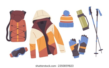 Hiking clothing for extreme winter sport recreation touristic activity isolated on white background