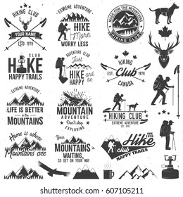 Hiking club badges with design elements. Mountains related typographic quote. Hiking club retro badge. Vector illustration. Concept for shirt or logo, print, stamp. Hiking club vintage logo design. 