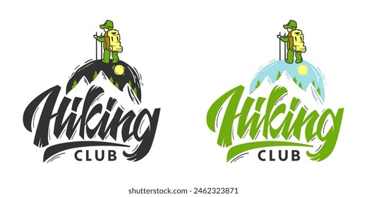 Hiking Club Logo. Backpacker on Mountain Peak. Adventure and Outdoor Emblem Design