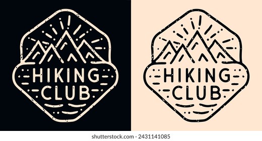 Hiking club squad crew group team gang. Retro vintage badge emblem logo. Mountains hiker outdoorsy family friends trip minimalist illustration. Vector text for shirt design clothing and print.