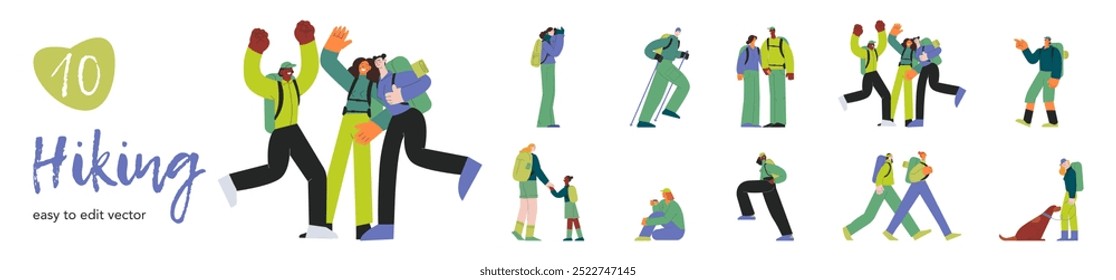 Hiking collection. Cheerful females and males hiking, perform different activities. Hiking outdoor adventure, active tourists, trekking and backpacking. Modern flat vector illustration.