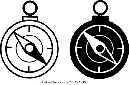 Hiking Compass Icons. Vector Black and White Icons Camping Navigation Device