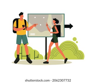 Composición de senderismo con personajes de garabatos de hombre y mujer frente a la ilustración vectorial del mapa del parque público