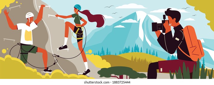 Hiking composition with outdoor mountain landscape with flying birds and traveler taking photo of his fellows vector illustration