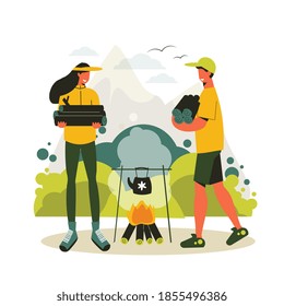 Composición de senderismo con dos sonrientes cocinando sobre fuego abierto en ilustración de vector plano forestal