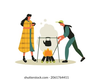 Hiking composition with view of bonfire with hanging teapot man and woman with cup of tea vector illustration