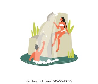 Hiking composition with view of cliff with waterfall and bathing man with woman vector illustration