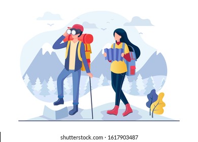 Hiking concept with character. Can use for web banner, mobile app, hero images. Flat vector illustration on white background.