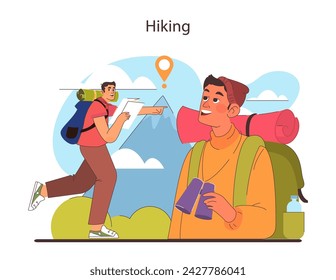 Hiking concept. Enthusiastic friends on a nature trail, one navigating with a map. Adventure in the great outdoors, exploring and trailblazing. Healthy active lifestyle. Flat vector illustration.