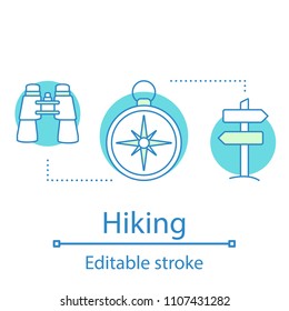 Hiking concept icon. Orienteering idea thin line illustration. Outdoor recreation. Binoculars, compass, direction sign board. Vector isolated outline drawing. Editable stroke
