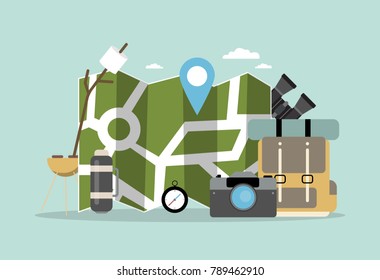 Hiking concept illustration with map, backpack and camera.