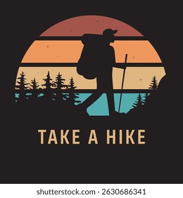 hiking concept, men with backpack silhouette, retro style design for t-shirt print and other