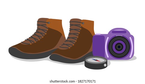 Concepto de senderismo. Zapatos, cámara y brújula. Objetos aislados sobre fondo blanco. Ilustración vectorial.